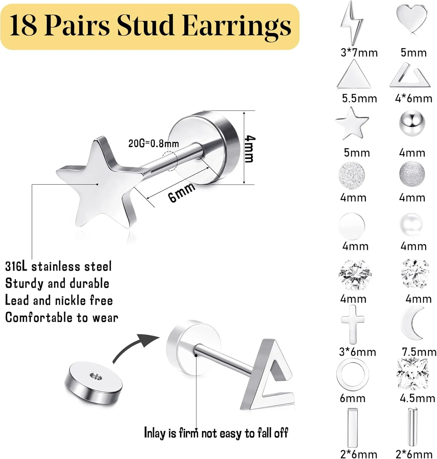 18 Pairs Surgical Stainless Steel Stud Earrings For Women Men 20G Cartilage Earrings Studs Cross Moon Star Small Stud Earrings Black Gold Screw Flat Back Earrings Ear Piercing Studs Set