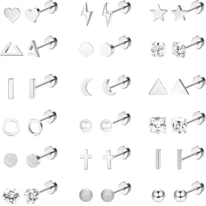 18 Pairs Surgical Stainless Steel Stud Earrings For Women Men 20G Cartilage Earrings Studs Cross Moon Star Small Stud Earrings Black Gold Screw Flat Back Earrings Ear Piercing Studs Set