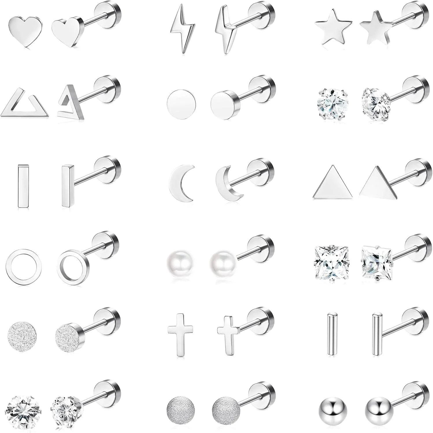 18 Pairs Surgical Stainless Steel Stud Earrings For Women Men 20G Cartilage Earrings Studs Cross Moon Star Small Stud Earrings Black Gold Screw Flat Back Earrings Ear Piercing Studs Set