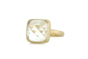 18k Gold Crystal Quartz Ring - Square Faceted Gemstone Design - Handmade Gold Bezel Jewelry - Elegant Stackable Ring