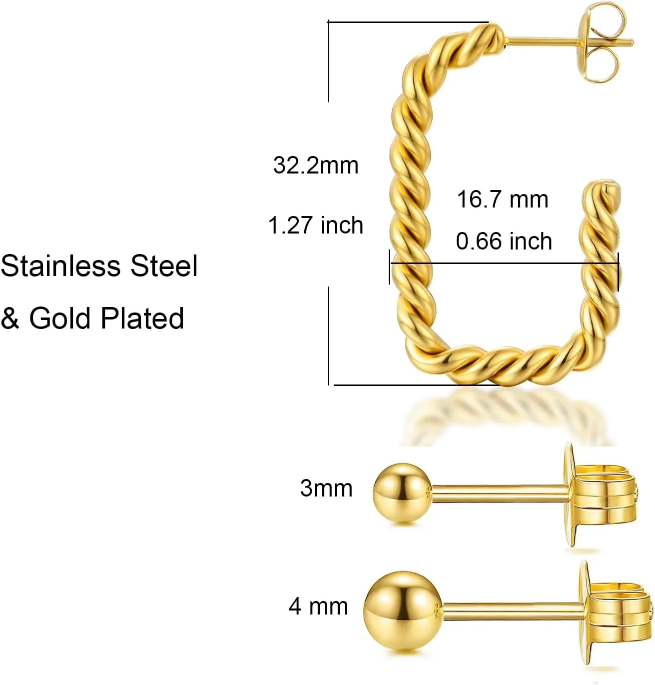 18K Gold Plated Hoop/Stud Earrings Set, 3 Pack Surgical Stainless Steel Huggie/Stud Earrings Jewelry