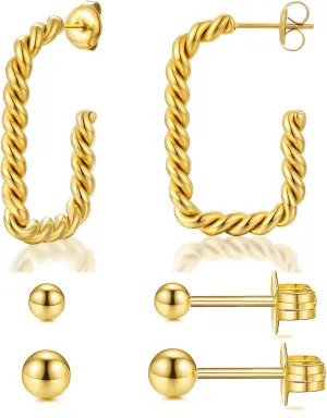 18K Gold Plated Hoop/Stud Earrings Set, 3 Pack Surgical Stainless Steel Huggie/Stud Earrings Jewelry