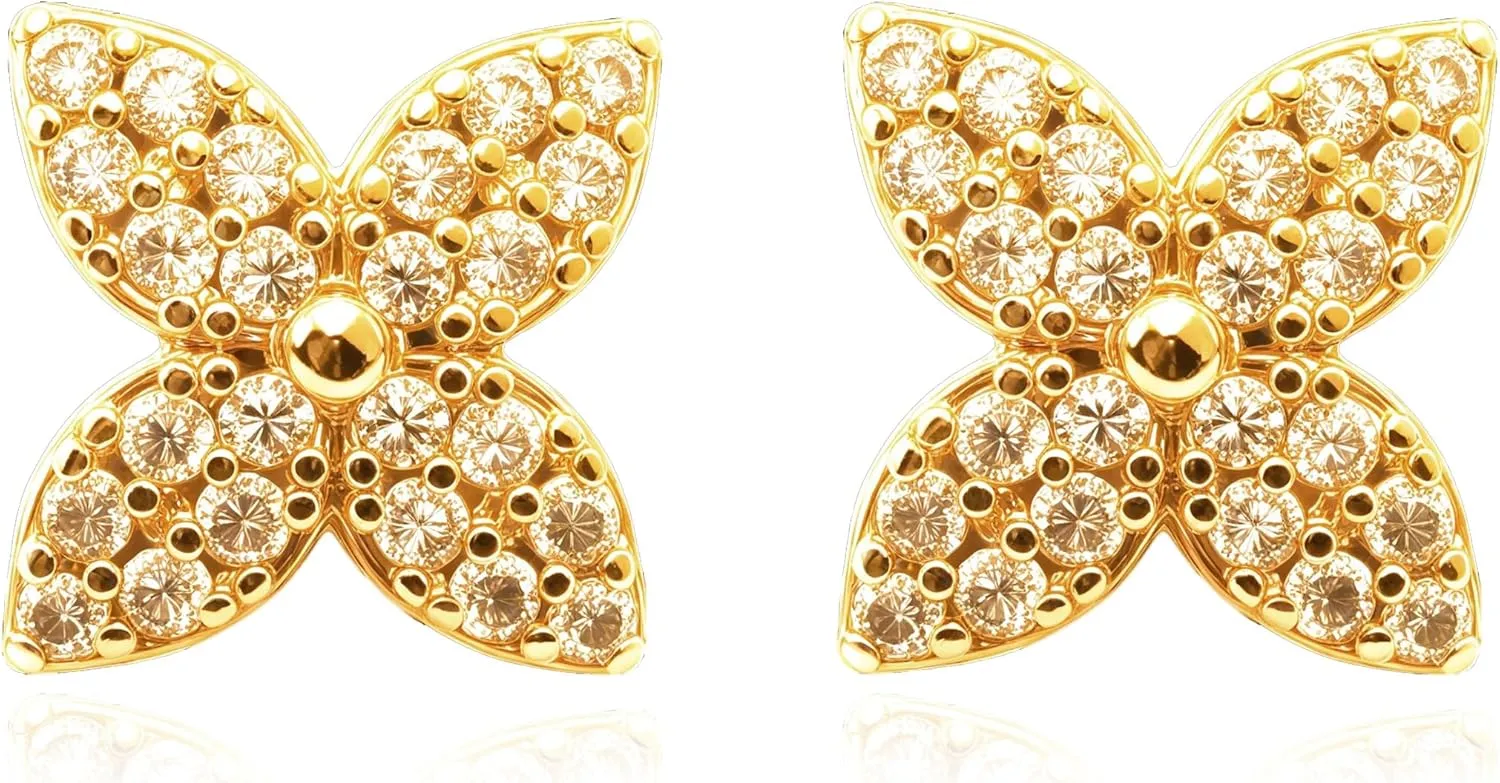 18K Gold Plated Platinum Plated Four Petal Flower Stud Earrings, Flower Shape Four Leaf Clover Design with Cubic Zirconia Hypoallergenic Push Back Studs Elegant Jewelry Gift for Women Lover and Family