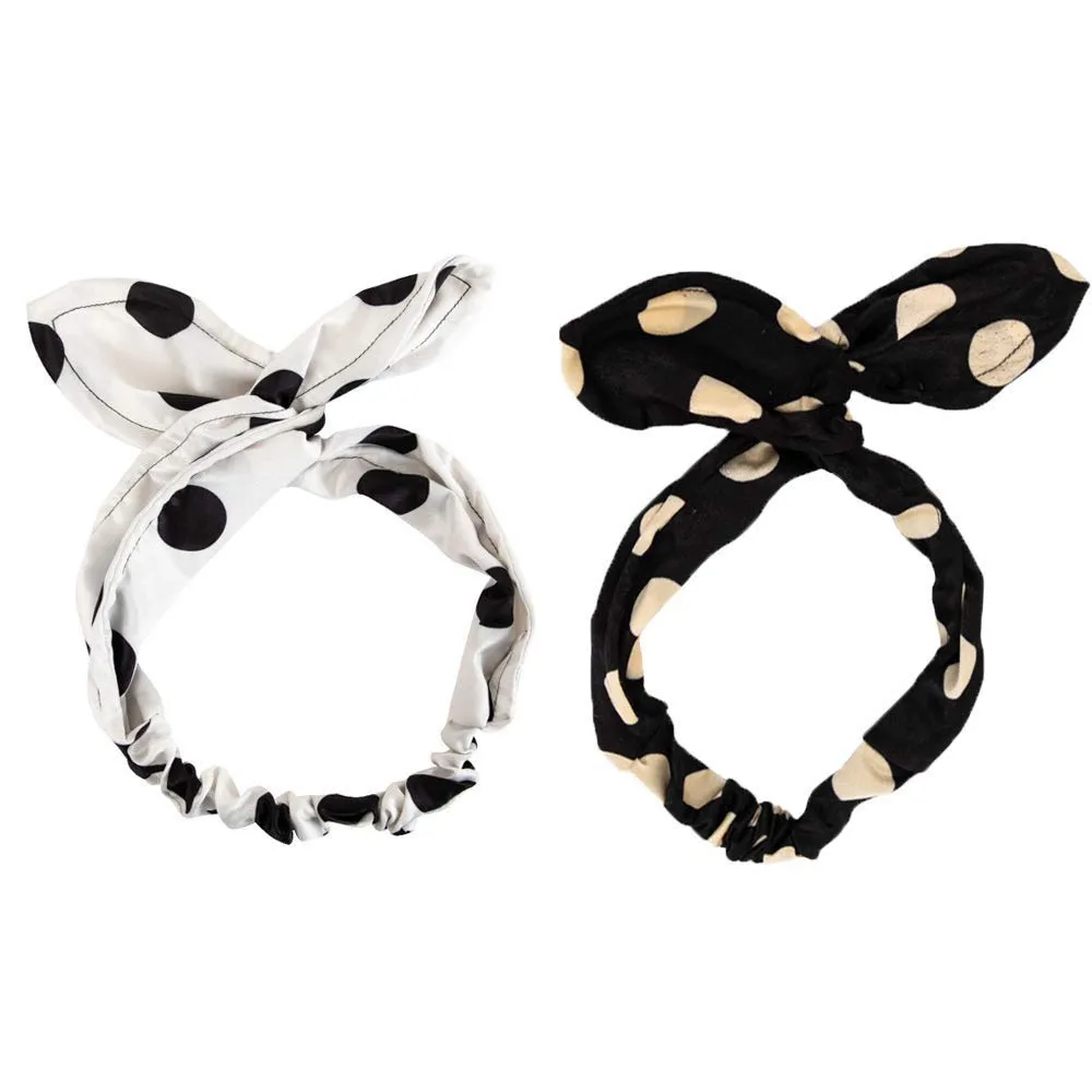 2 PCS Boho Bow Headbands Non Slip Turban Headbands Yoga Hairbands Vintage Polka Dot Rabbit Ears Elastic Head Wrap Twisted Cute Hair Accessories