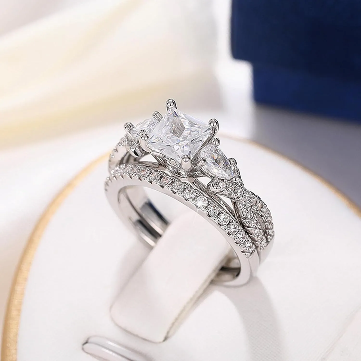 2-Piece Set of 2ct Women's Wedding Ring, Princess Cut Bridal Ring Set, Cubic Zirconia Engagement Ring, Twisted Infinite Paving Set Size(6-10)-10