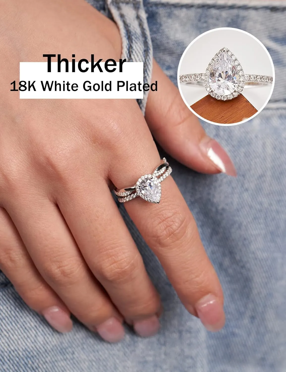 2CT Pear Shaped Engagement Rings for Women Teardrop Sterling Silver Rings with 18K White Gold Plated Cubic Zirconia Wedding Rings for Women Promise Rings for Her
