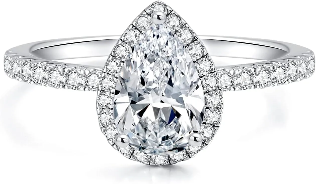 2CT Pear Shaped Engagement Rings for Women Teardrop Sterling Silver Rings with 18K White Gold Plated Cubic Zirconia Wedding Rings for Women Promise Rings for Her