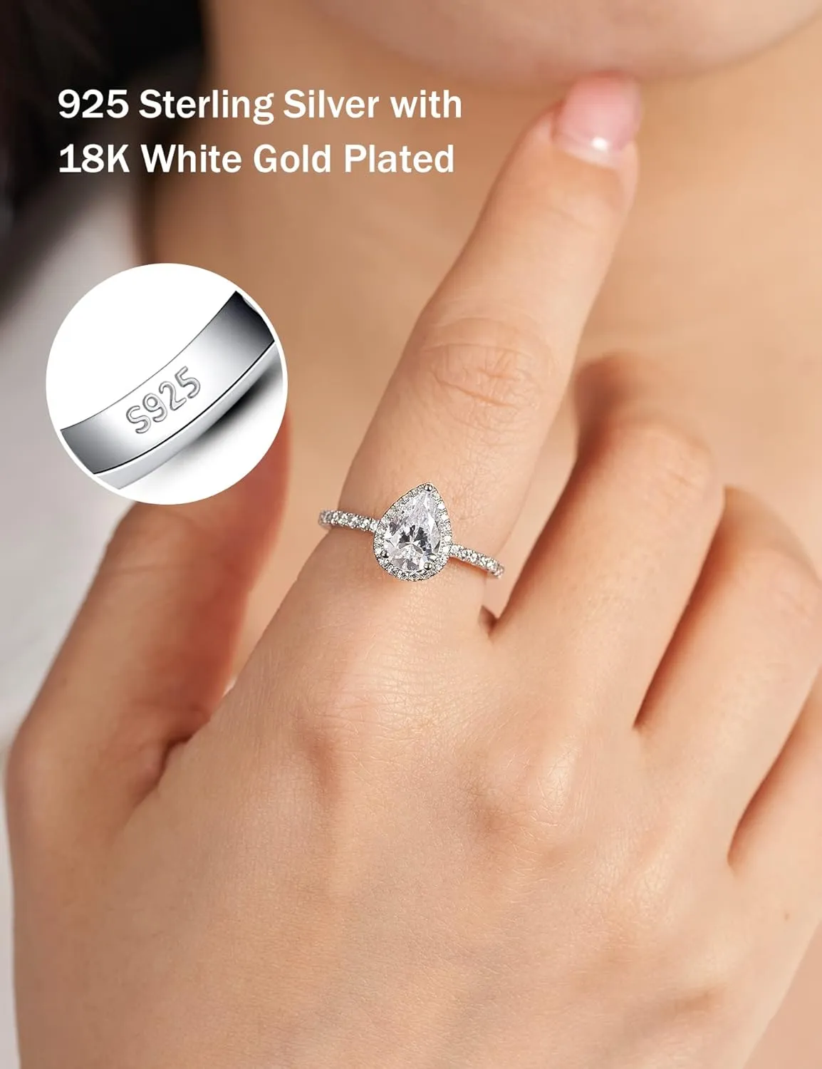2CT Pear Shaped Engagement Rings for Women Teardrop Sterling Silver Rings with 18K White Gold Plated Cubic Zirconia Wedding Rings for Women Promise Rings for Her