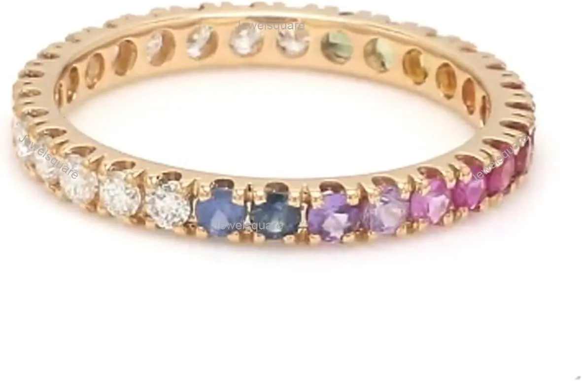 2mm Half Natural Diamond with Half Multi Sapphire Gemstone Stackable Wedding Band Ring (14k Yellow, White, Rose Gold)