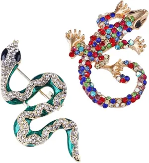 2Pcs Golden Rhinestone Animal Brooches Lizard Gecko Pins and Elegant Rhinestone Crystal Snake Brooch Pin for Women