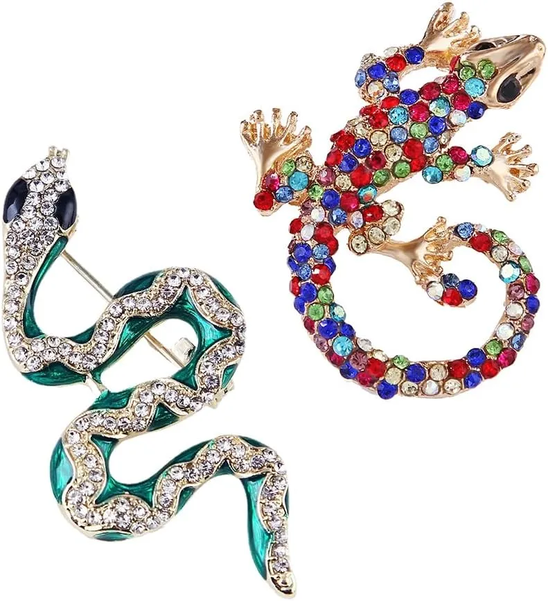 2Pcs Golden Rhinestone Animal Brooches Lizard Gecko Pins and Elegant Rhinestone Crystal Snake Brooch Pin for Women