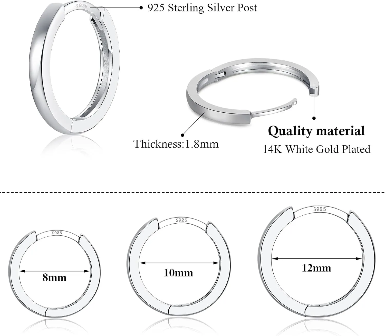 3 Pairs 925 Sterling Silver Hoop Earrings 14K White Gold Plated Small Silver Hoops Cartilage Huggie Earrings for Women Men