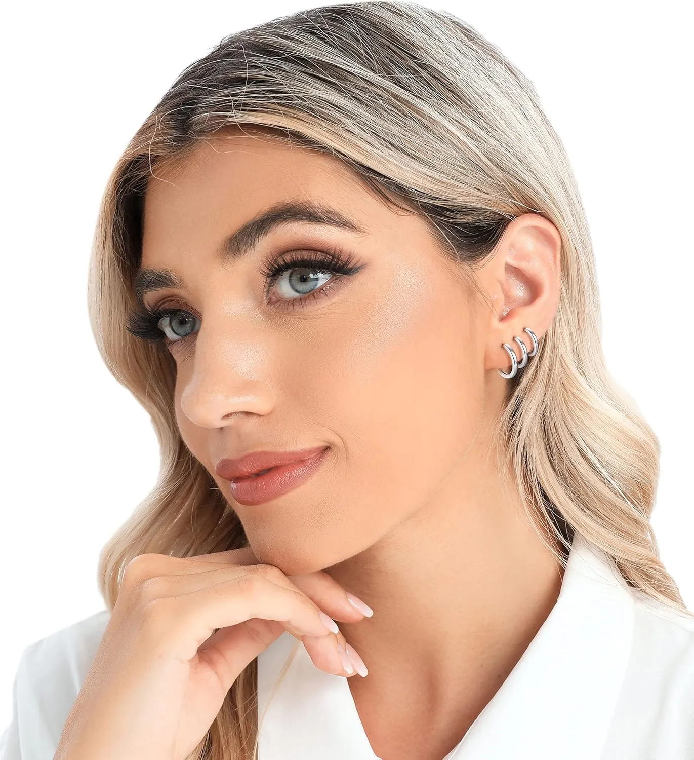 3 Pairs 925 Sterling Silver Hoop Earrings 14K White Gold Plated Small Silver Hoops Cartilage Huggie Earrings for Women Men