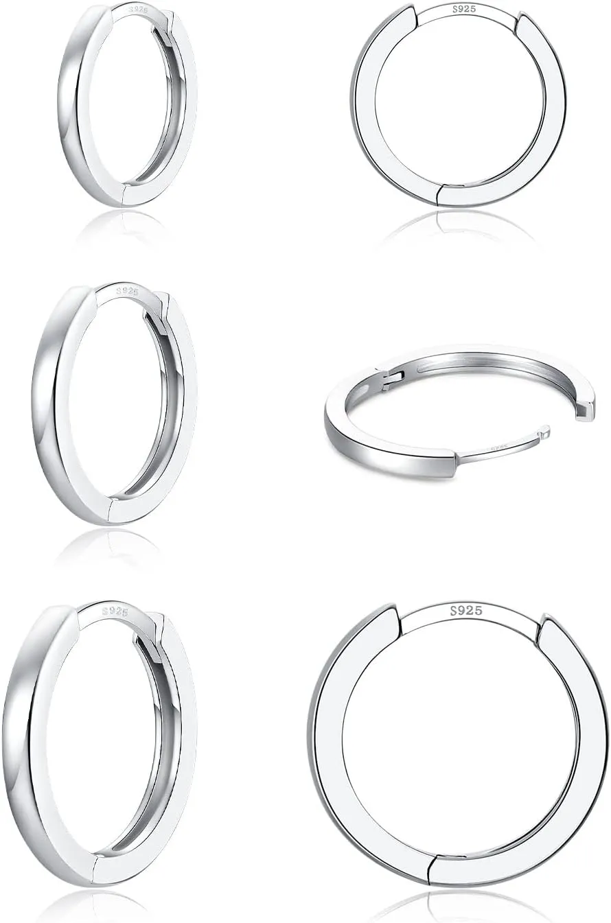 3 Pairs 925 Sterling Silver Hoop Earrings 14K White Gold Plated Small Silver Hoops Cartilage Huggie Earrings for Women Men