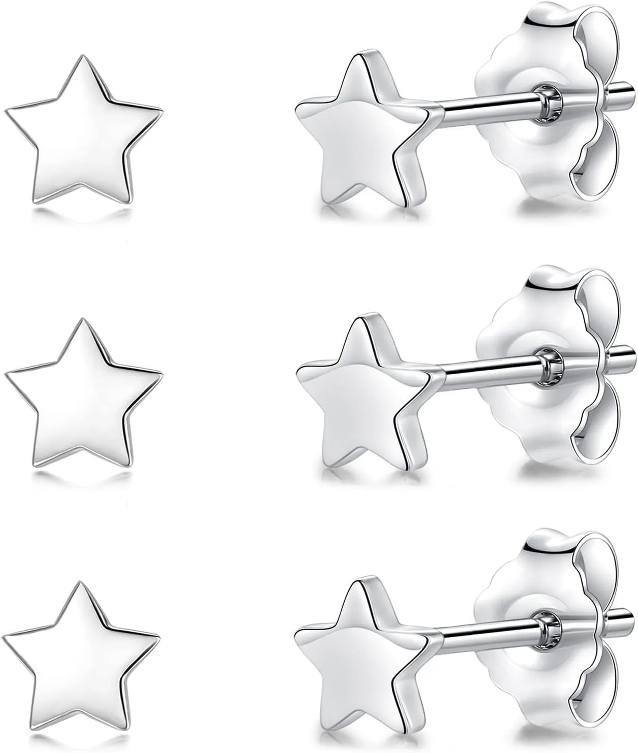 3 Pairs 925 Sterling Silver Star Stud Earrings for Women,Tiny Simple Geometric Stud Earrings Set Small Hypoallergenic Cartilage Tragus Ear Jewellery for Men (3/4/5mm)