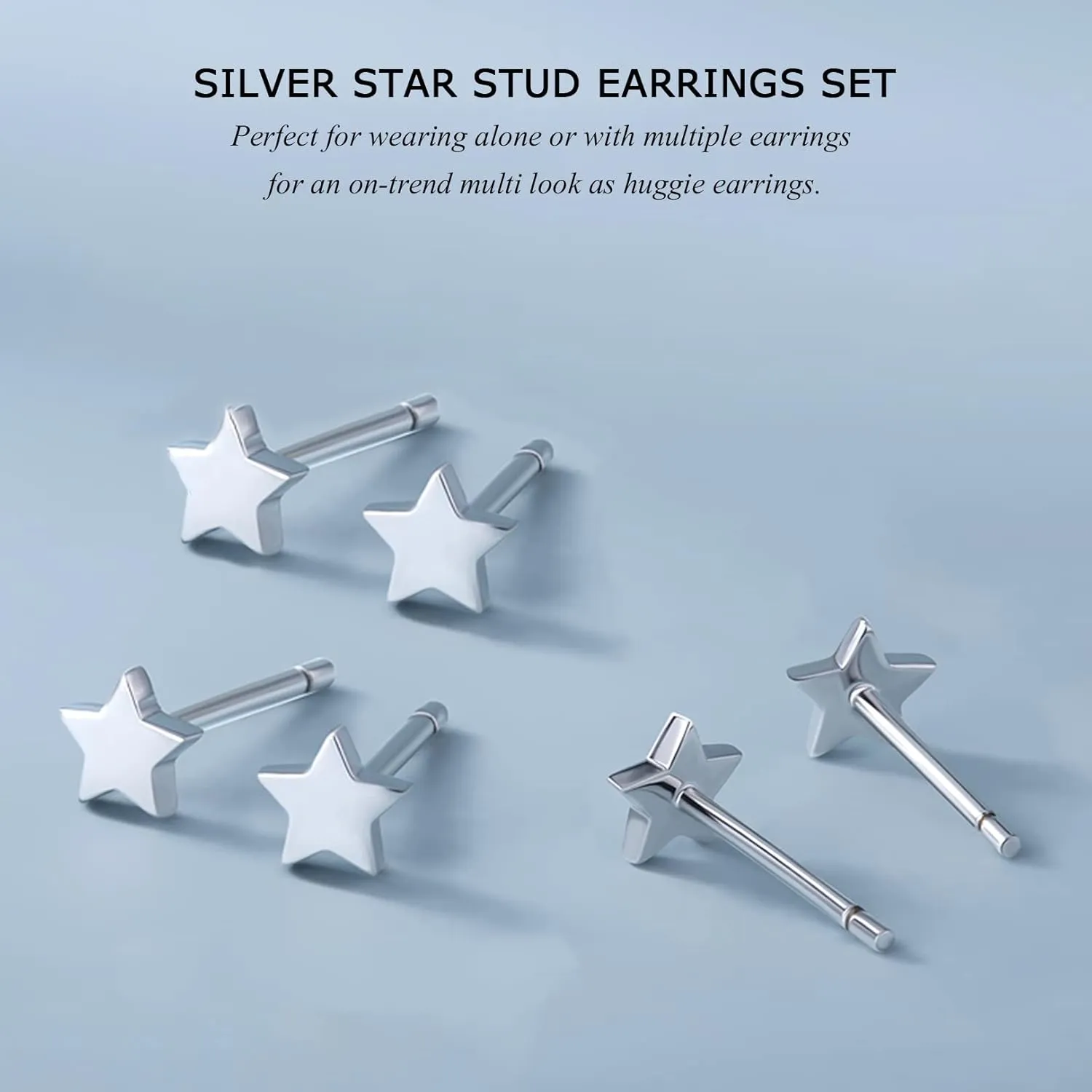 3 Pairs 925 Sterling Silver Star Stud Earrings for Women,Tiny Simple Geometric Stud Earrings Set Small Hypoallergenic Cartilage Tragus Ear Jewellery for Men (3/4/5mm)