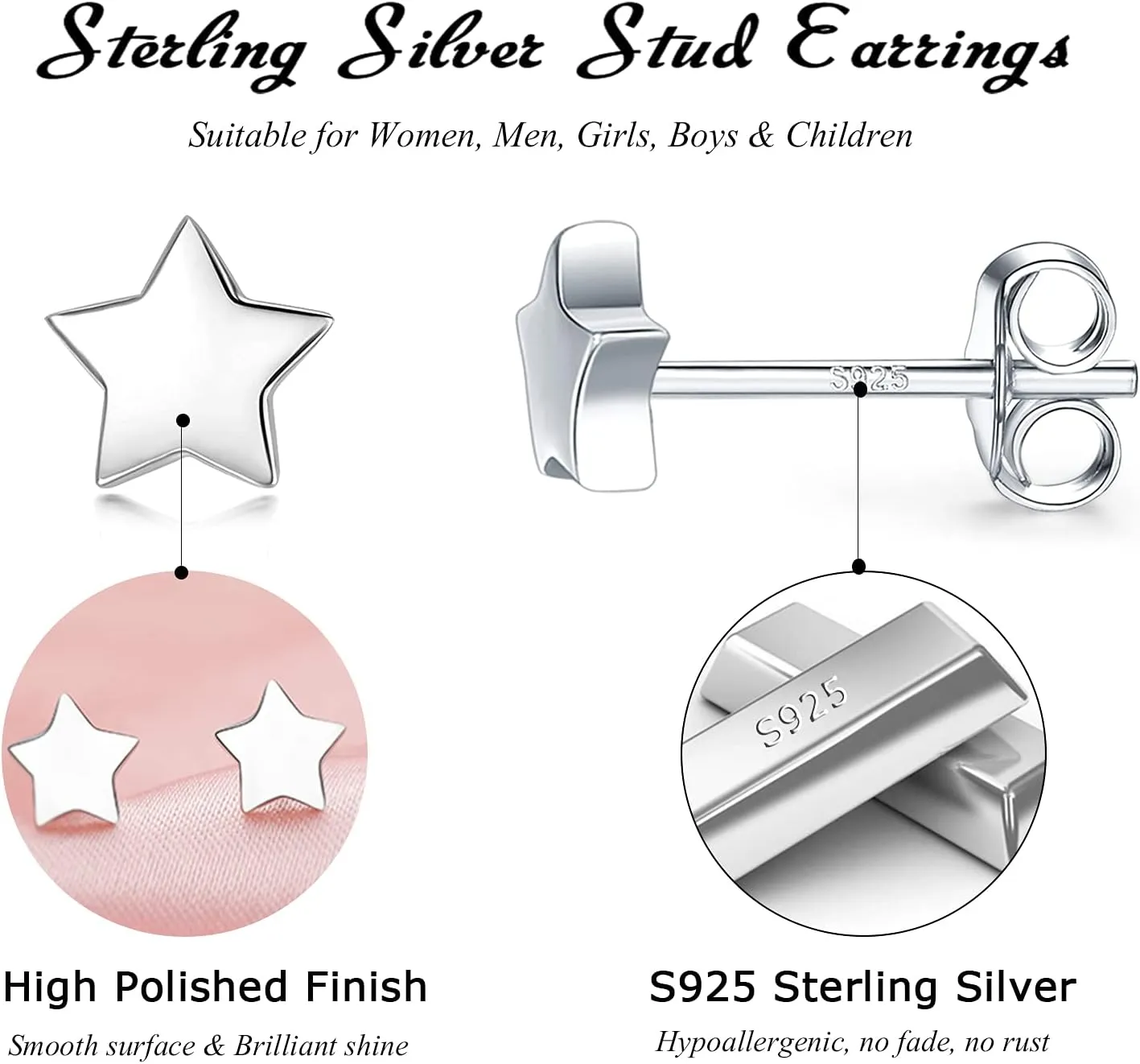 3 Pairs 925 Sterling Silver Star Stud Earrings for Women,Tiny Simple Geometric Stud Earrings Set Small Hypoallergenic Cartilage Tragus Ear Jewellery for Men (3/4/5mm)