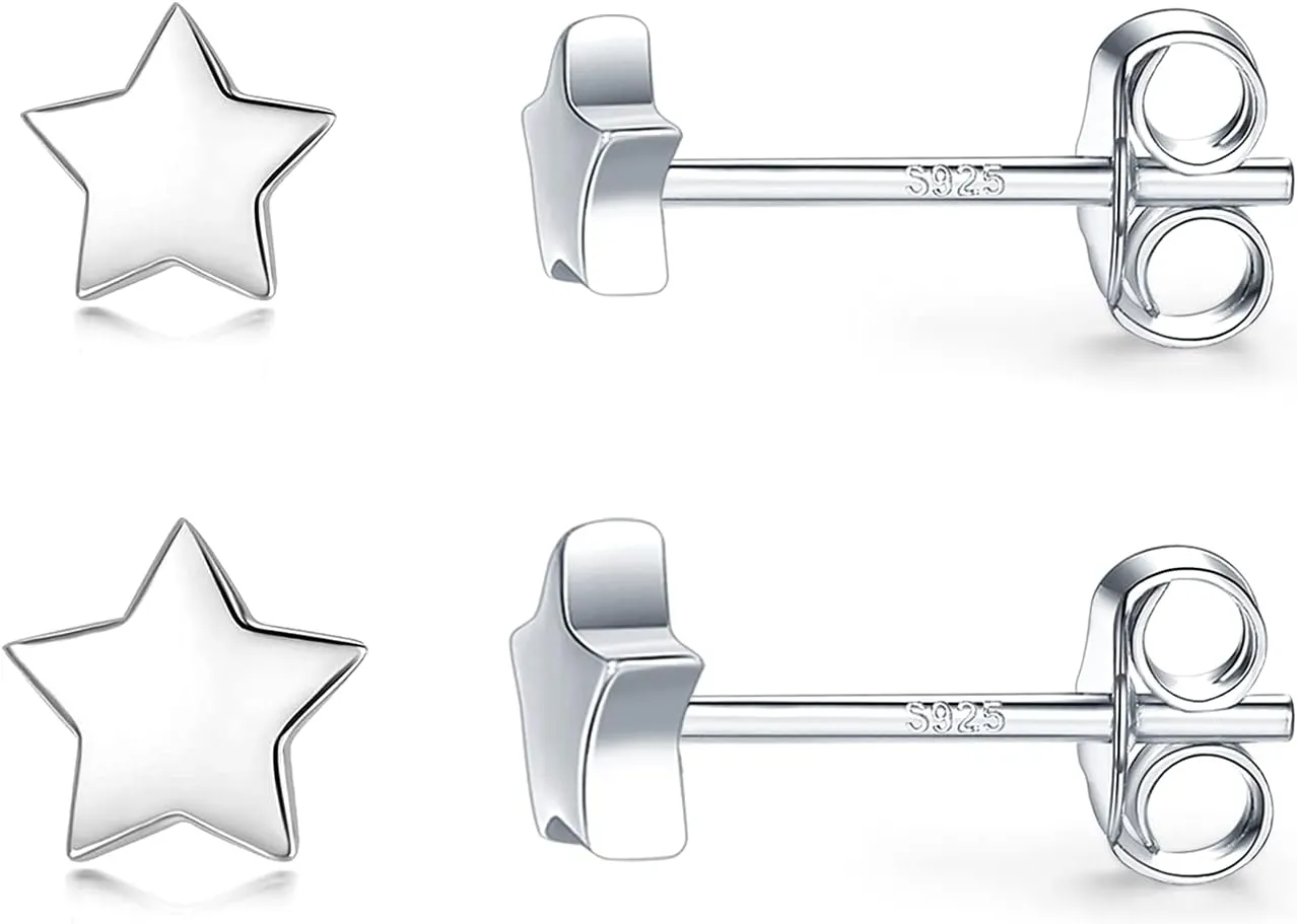 3 Pairs 925 Sterling Silver Star Stud Earrings for Women,Tiny Simple Geometric Stud Earrings Set Small Hypoallergenic Cartilage Tragus Ear Jewellery for Men (3/4/5mm)