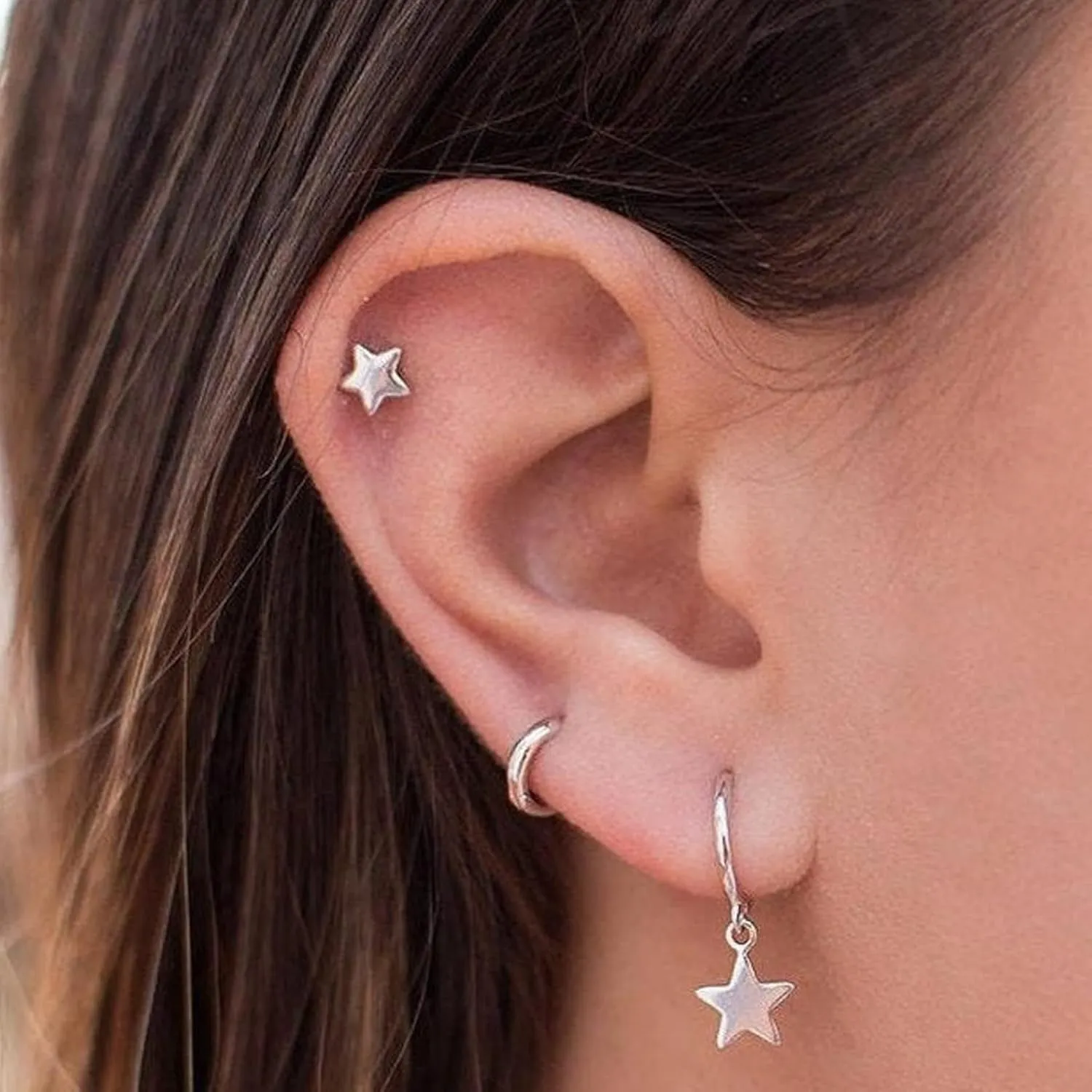 3 Pairs 925 Sterling Silver Star Stud Earrings for Women,Tiny Simple Geometric Stud Earrings Set Small Hypoallergenic Cartilage Tragus Ear Jewellery for Men (3/4/5mm)