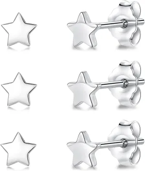 3 Pairs 925 Sterling Silver Star Stud Earrings for Women,Tiny Simple Geometric Stud Earrings Set Small Hypoallergenic Cartilage Tragus Ear Jewellery for Men (3/4/5mm)