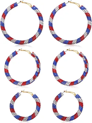 3 Pairs Crystal Hoop Earrings Festive Halloween Christmas Rhinestone Earrings Patriotic Independence Day Earrings Large Medium and Small Hoop Earring for Women