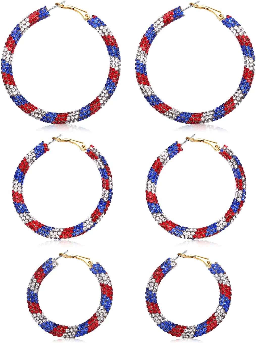 3 Pairs Crystal Hoop Earrings Festive Halloween Christmas Rhinestone Earrings Patriotic Independence Day Earrings Large Medium and Small Hoop Earring for Women