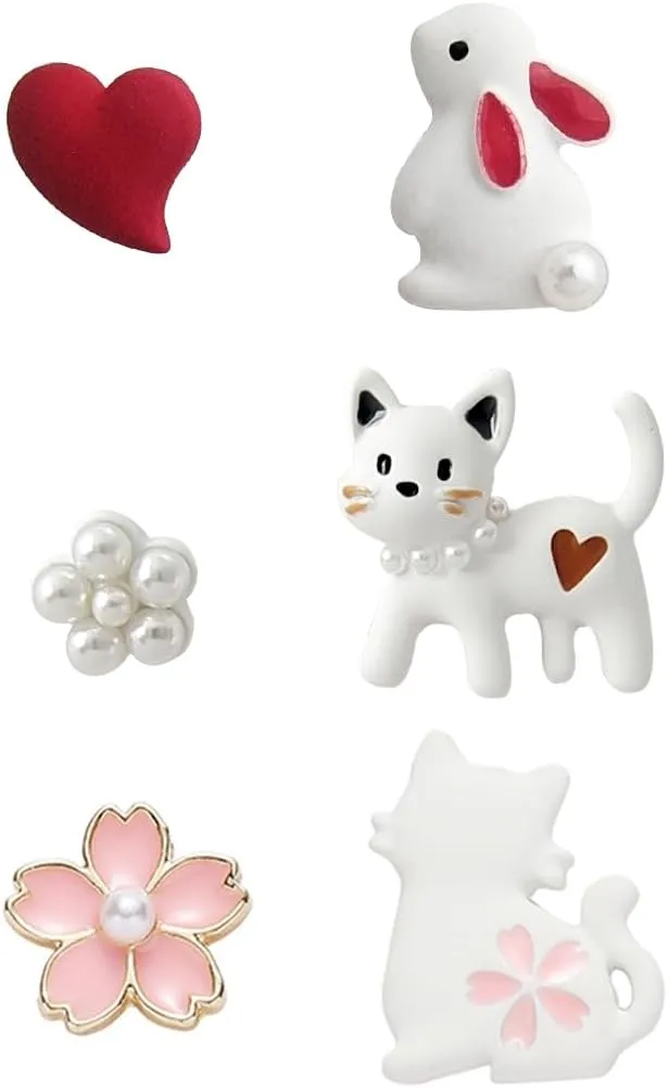 3 Pairs Cute Anime Studs For Women 925 Post Sterling Silver Earrings Personalized Studs Asymmetrical Pearl Decor Charms Enamel Flower Cat Rabbit Red Heart Stud Earrings