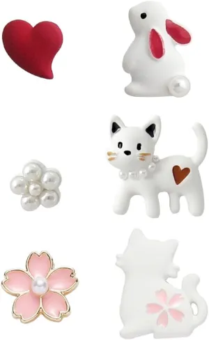 3 Pairs Cute Anime Studs For Women 925 Post Sterling Silver Earrings Personalized Studs Asymmetrical Pearl Decor Charms Enamel Flower Cat Rabbit Red Heart Stud Earrings