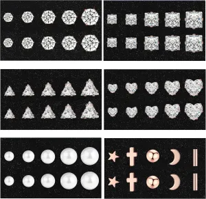 30 Pairs Silver Stud Earrings Set for Women, iF ME Hypoallergenic Cubic Zirconia Diamond Pearl Studs Earrings Set, 14K Plated Copper Stud Earrings Pack for Women Men