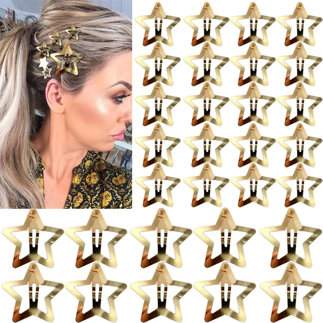 30 PCS Gold Star Hair Clips,20PCS 1.22"Star Hair Clip and 10 PCS 1.65"Star Hair Clips Snap Star Hair Accessories Non Slip Star Clips for Girls Women Gold Accessories Gold Metal Hair Clips