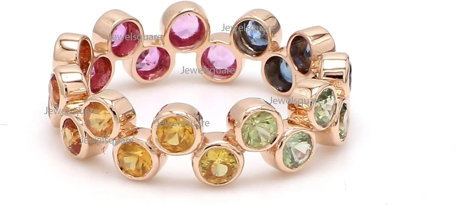 3mm Rainbow sapphire bezel set zig zag eternity band ring in 14k yellow gold | Natural multi sapphire pink sapphire stackable ombre rainbow wedding ring