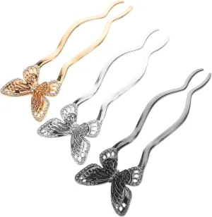 3pcs U Shaped Hairpins with Rhinestone Vintage Butterfly Twist Forks for Women Elegant Metal Hair Styling Tools for Updos Weddings Parties and Formal Events
