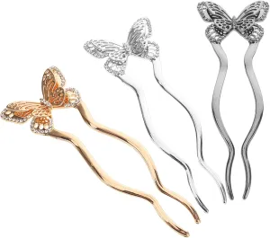 3pcs U Shaped Metal Hair Forks with Butterfly Rhinestone Detail Comfortable Chignon Hair Sticks for Women Durable Updo Accessories for Elegant Hairstyles