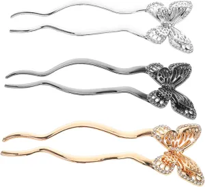 3pcs Vintage Butterfly U Shaped Hair Pins with Rhinestone Elegant Metal Hair Sticks for Women Secure Updo Accessories for Casual Formal Styles