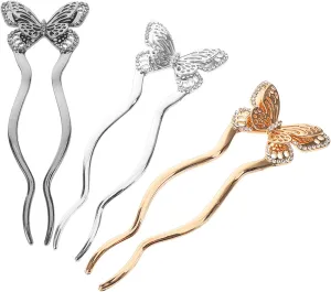 3pcs Vintage U Shaped Hair Pins with Rhinestone for Women Elegant Metal Butterfly Hair Sticks for Chignons Buns and Updos Secure Grip and Durable Construction
