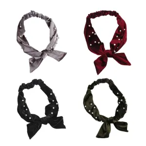 4 PCS Bandana Knot Headbands with Pearls Non Slip Boho Headbands Turban Headbands Yoga Hairbands Vintage Velvet Elastic Head Wrap Twisted Cute Hair Accessories