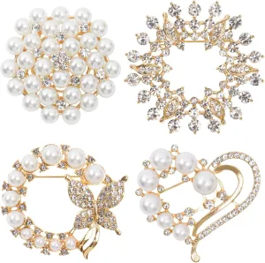 4 Pcs Gold Brooches and Pins for Women, Pearl Brooch Vintage Rhinestone Flower Decorative Brooch Pins Clothing Brooches for Women