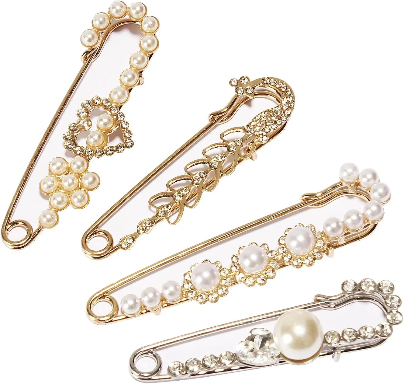 4 Pieces Women Brooch Pins Sweater Shawl Clips Faux Crystal Pearl Brooches Safety PinsClothes Buckle Clips Dress Clips Shirt Clips for Women (Style-4)