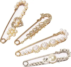 4 Pieces Women Brooch Pins Sweater Shawl Clips Faux Crystal Pearl Brooches Safety PinsClothes Buckle Clips Dress Clips Shirt Clips for Women (Style-4)
