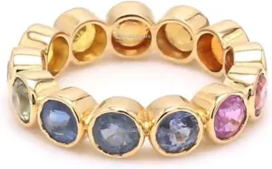 4mm Bezel Set Full Eternity Multi Sapphire Band Ring- Ombre Rainbow- 14k Yellow Solid Gold