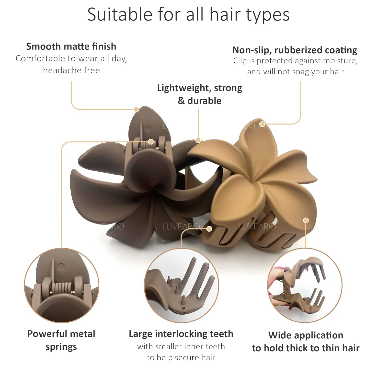 4pc Nonslip Matte Flower Hair Clips for Women Thick/Thin Hair Accessories for Women Neutral Flower Cute Claw Clips Variety Pack Plumeria Hair Clip