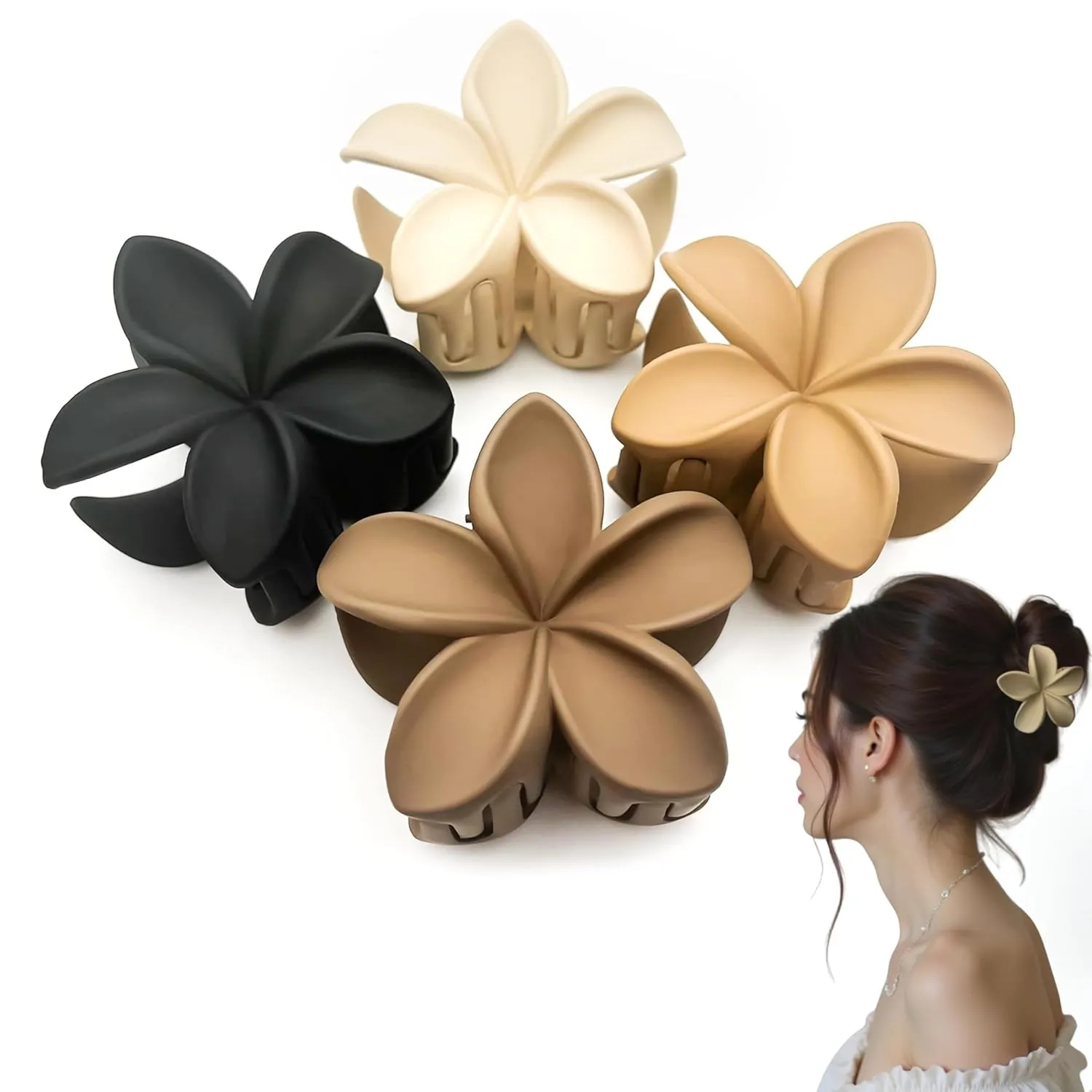 4pc Nonslip Matte Flower Hair Clips for Women Thick/Thin Hair Accessories for Women Neutral Flower Cute Claw Clips Variety Pack Plumeria Hair Clip