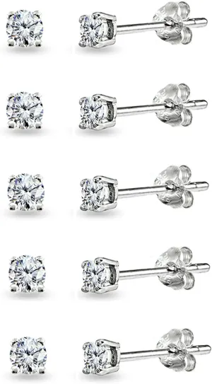 5-Pair Set Sterling Silver Cubic Zirconia 5mm Round Stud Earrings