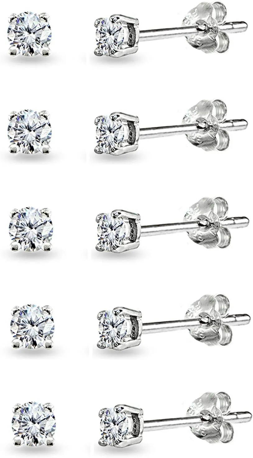 5-Pair Set Sterling Silver Cubic Zirconia 5mm Round Stud Earrings