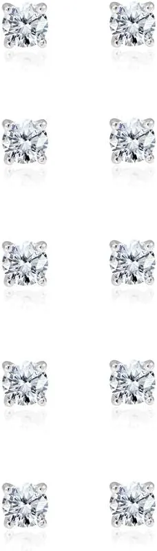 5-Pair Set Sterling Silver Cubic Zirconia 5mm Round Stud Earrings