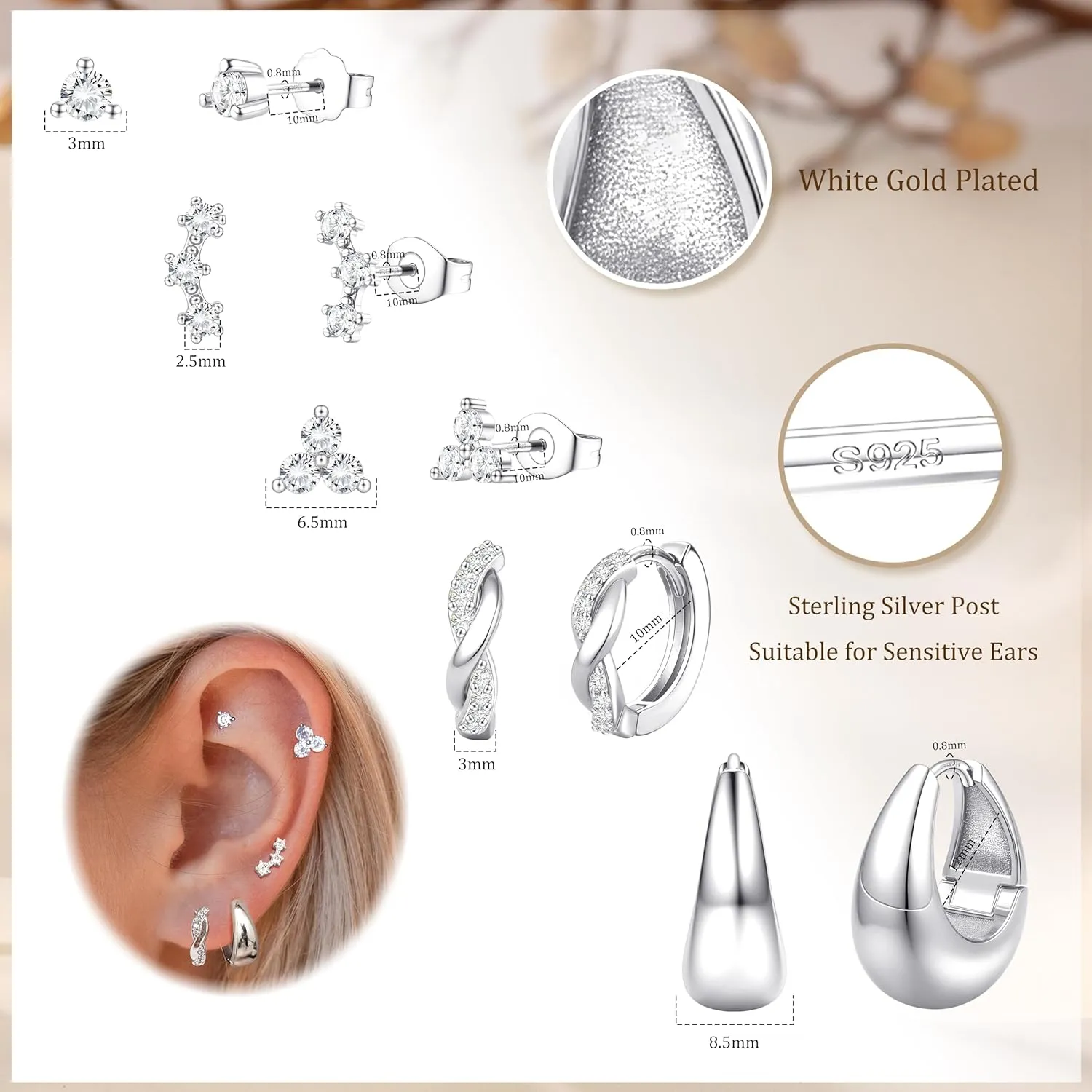 5 Pairs 14K Gold Filled Hoop Earrings Sterling Silver Post Cubic Zirconia Studs Earrings for Women Trendy Cartilage Earrings Huggie Hoop Earrings Set for Multiple Piercings