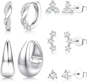 5 Pairs 14K Gold Filled Hoop Earrings Sterling Silver Post Cubic Zirconia Studs Earrings for Women Trendy Cartilage Earrings Huggie Hoop Earrings Set for Multiple Piercings