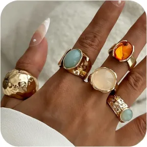 5 Pcs Chunky Gold Rings Set for Women Colorful Gemstone Finger Ring Stackable Thick Knuckle R-Ings Trendy Chunky Gold Jewelry Accessories