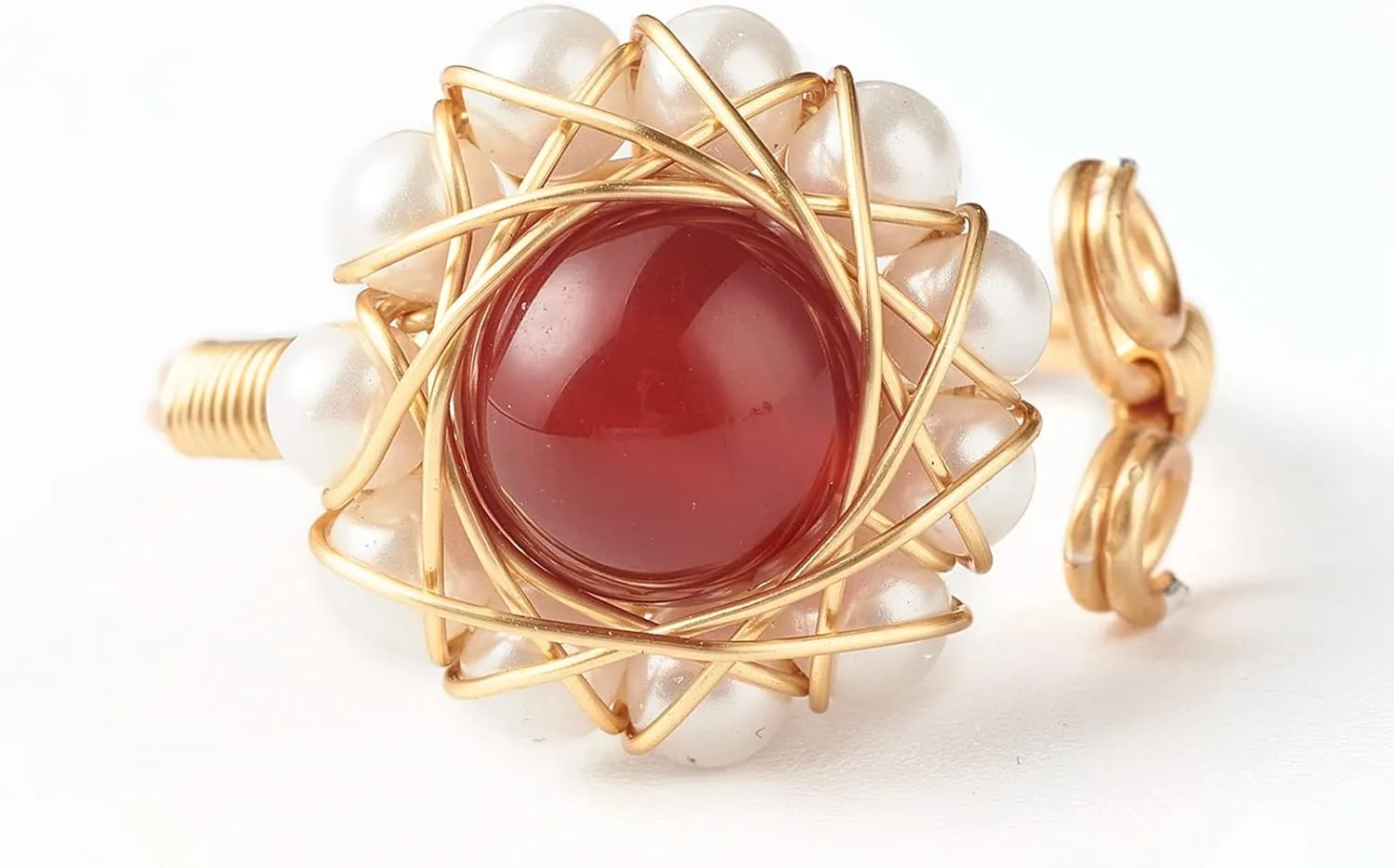 5pcs Open Gemstone Finger Ring with Shell Pearl Beads Brass Wire Wrap Natural Mixed Round Gemstone Finger Rings Adjustable Created Rings for Women