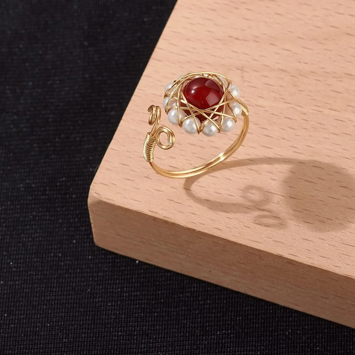 5pcs Open Gemstone Finger Ring with Shell Pearl Beads Brass Wire Wrap Natural Mixed Round Gemstone Finger Rings Adjustable Created Rings for Women